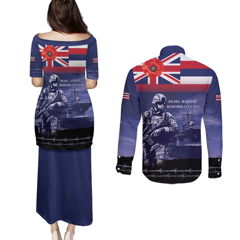Hawaii Pearl Harbor Remembrance Day Couples Matching Puletasi and Long Sleeve Button Shirt Flag Style