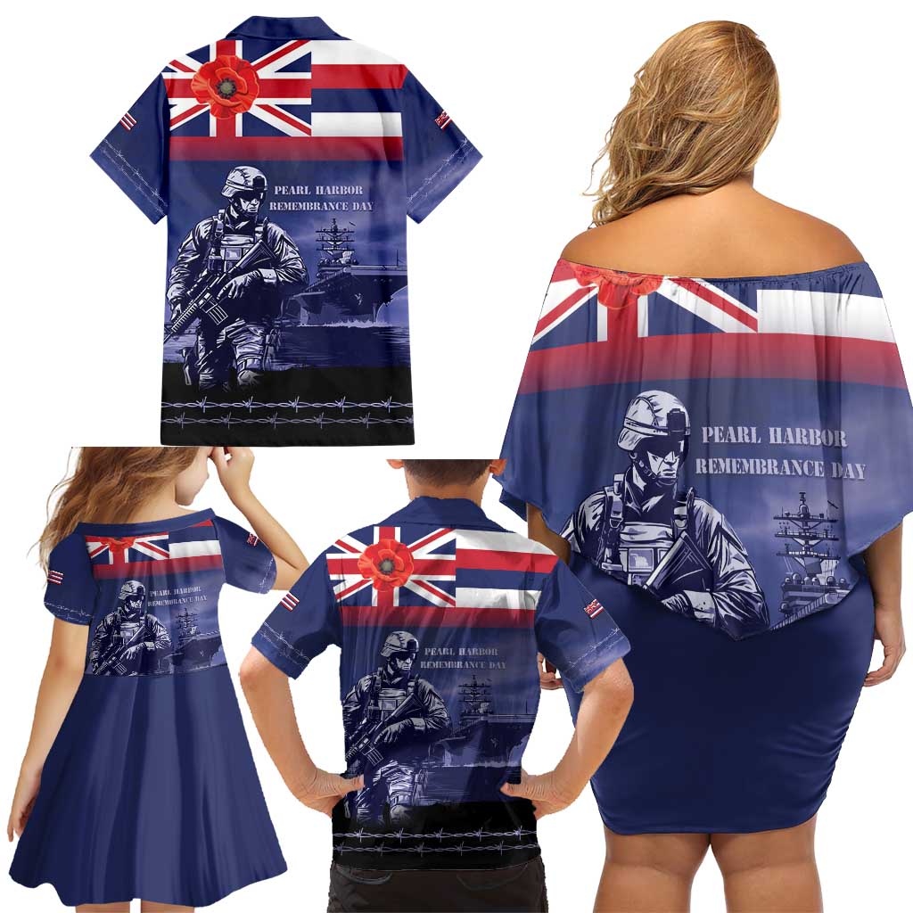 Hawaii Pearl Harbor Remembrance Day Family Matching Off Shoulder Short Dress and Hawaiian Shirt Flag Style