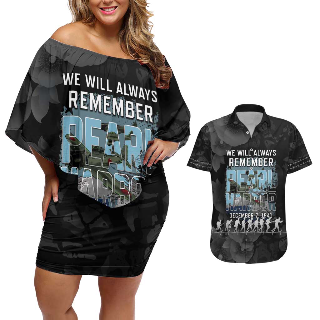 Personalized Pearl Harbor Remembrance Day Couples Matching Off Shoulder Short Dress and Hawaiian Shirt We Will Always Remember