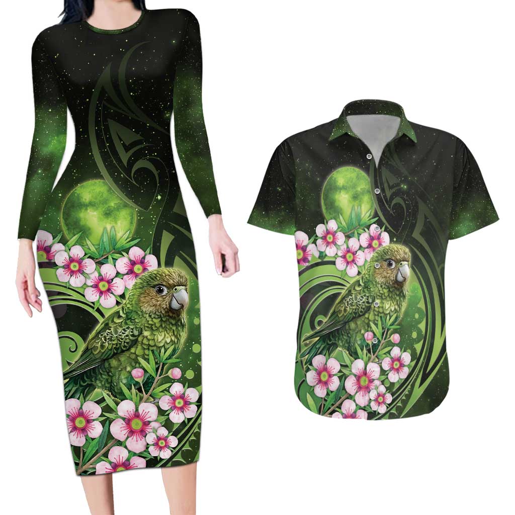New Zealand Aotearoa Kakapo Couples Matching Long Sleeve Bodycon Dress and Hawaiian Shirt Maori Pattern With Manuka Galaxy Style - Polynesian Pride