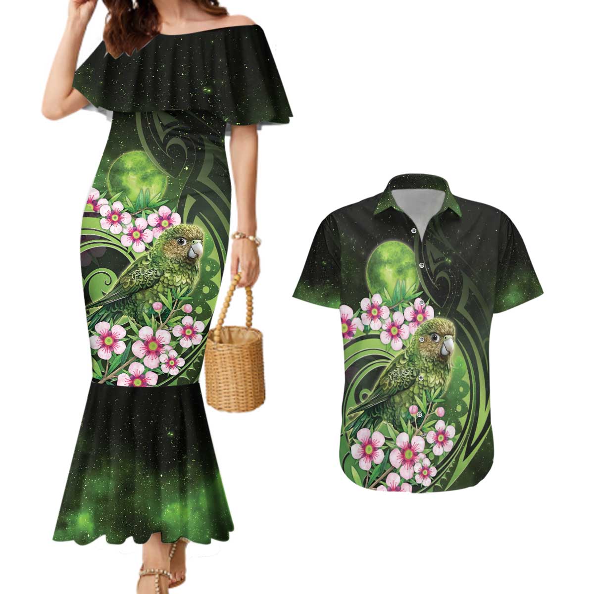 New Zealand Aotearoa Kakapo Couples Matching Mermaid Dress and Hawaiian Shirt Maori Pattern With Manuka Galaxy Style - Polynesian Pride
