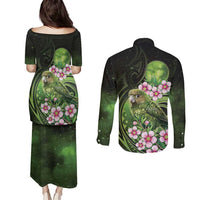 New Zealand Aotearoa Kakapo Couples Matching Puletasi and Long Sleeve Button Shirt Maori Pattern With Manuka Galaxy Style - Polynesian Pride