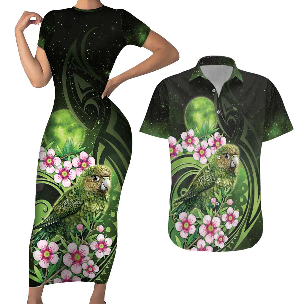 New Zealand Aotearoa Kakapo Couples Matching Short Sleeve Bodycon Dress and Hawaiian Shirt Maori Pattern With Manuka Galaxy Style - Polynesian Pride