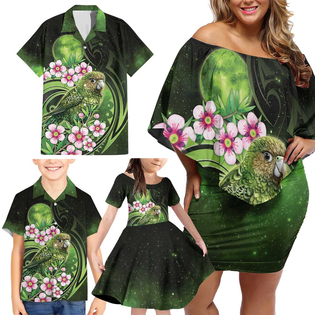 New Zealand Aotearoa Kakapo Family Matching Off Shoulder Short Dress and Hawaiian Shirt Maori Pattern With Manuka Galaxy Style - Polynesian Pride