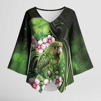New Zealand Aotearoa Kakapo Kimono Sleeve Blouse Maori Pattern With Manuka Galaxy Style - Polynesian Pride