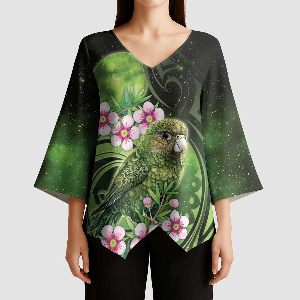 New Zealand Aotearoa Kakapo Kimono Sleeve Blouse Maori Pattern With Manuka Galaxy Style - Polynesian Pride