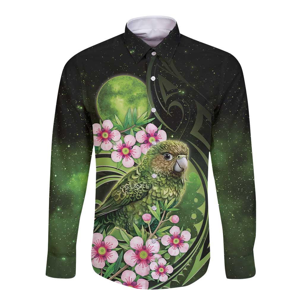 New Zealand Aotearoa Kakapo Long Sleeve Button Shirt Maori Pattern With Manuka Galaxy Style - Polynesian Pride