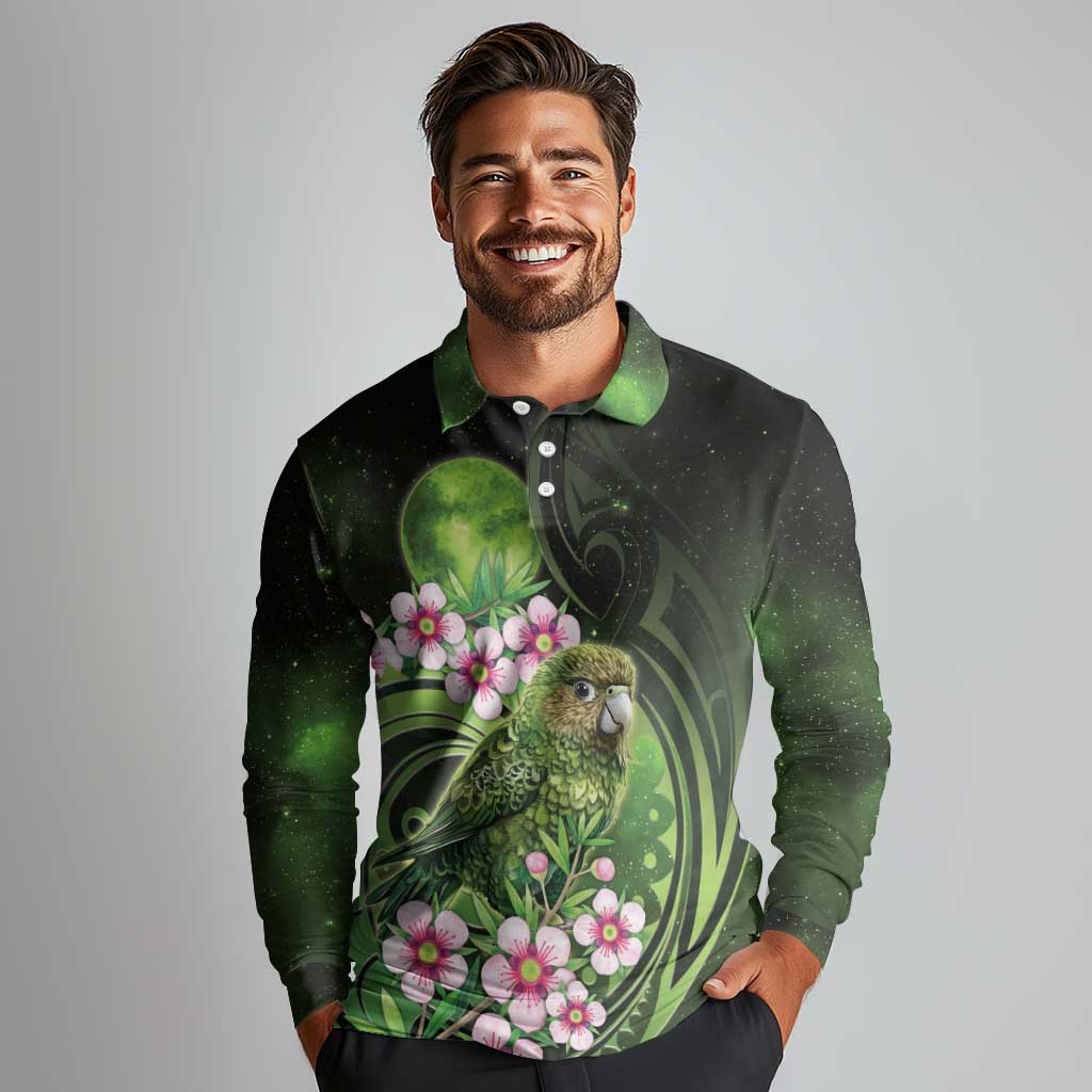 New Zealand Aotearoa Kakapo Long Sleeve Polo Shirt Maori Pattern With Manuka Galaxy Style - Polynesian Pride