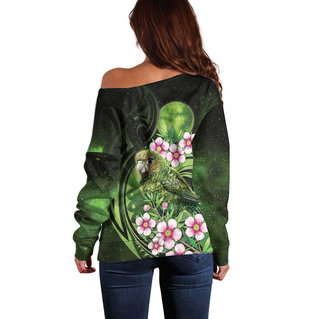 New Zealand Aotearoa Kakapo Off Shoulder Sweater Maori Pattern With Manuka Galaxy Style - Polynesian Pride