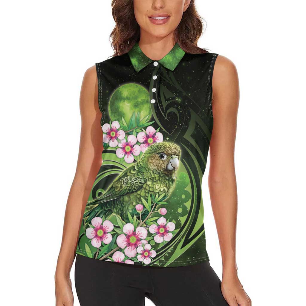 New Zealand Aotearoa Kakapo Women Sleeveless Polo Shirt Maori Pattern With Manuka Galaxy Style - Polynesian Pride