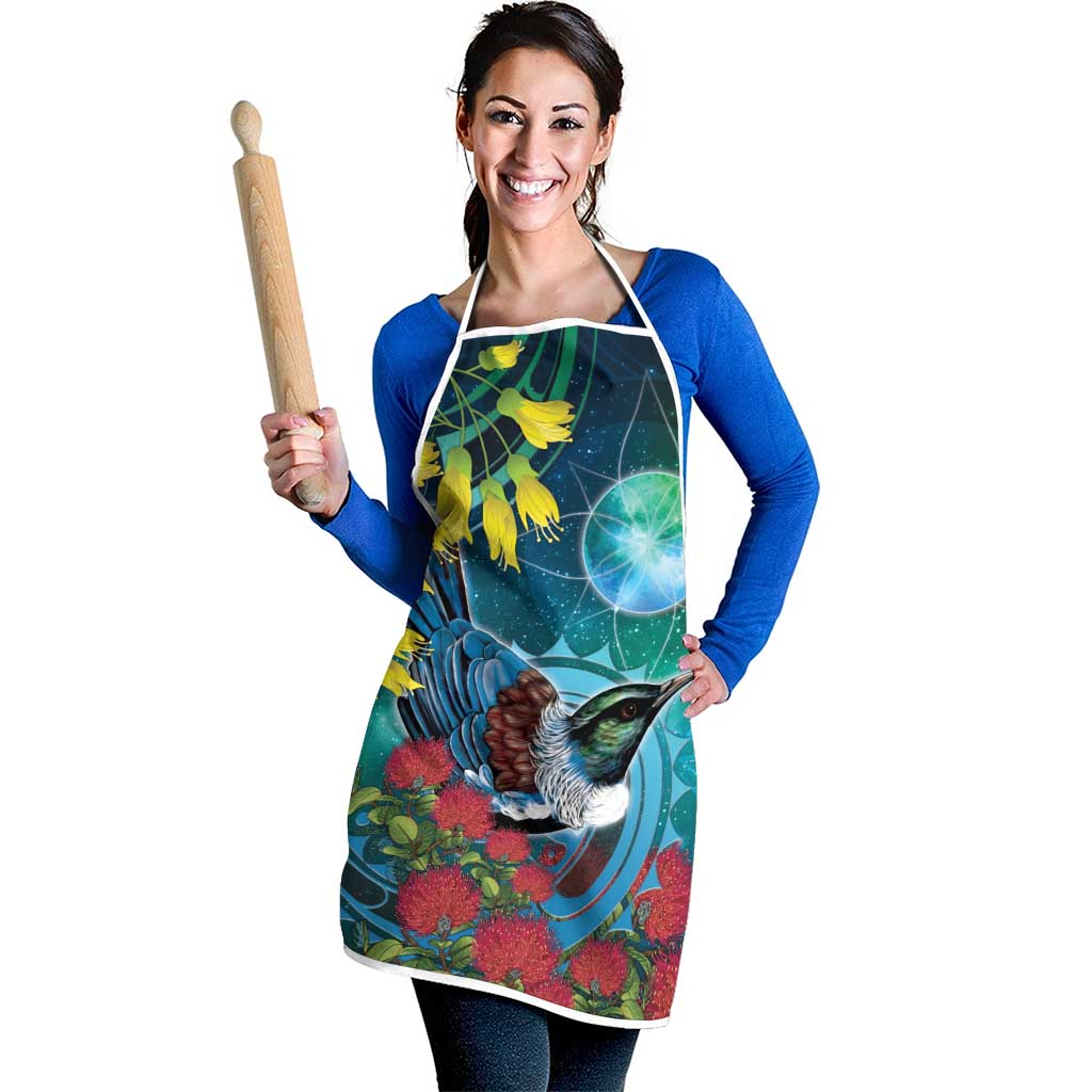 New Zealand Tui Bird Apron Maori Koru With Pohutukawa Galaxy Style - Polynesian Pride