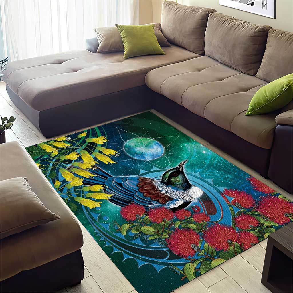 New Zealand Tui Bird Area Rug Maori Koru With Pohutukawa Galaxy Style - Polynesian Pride