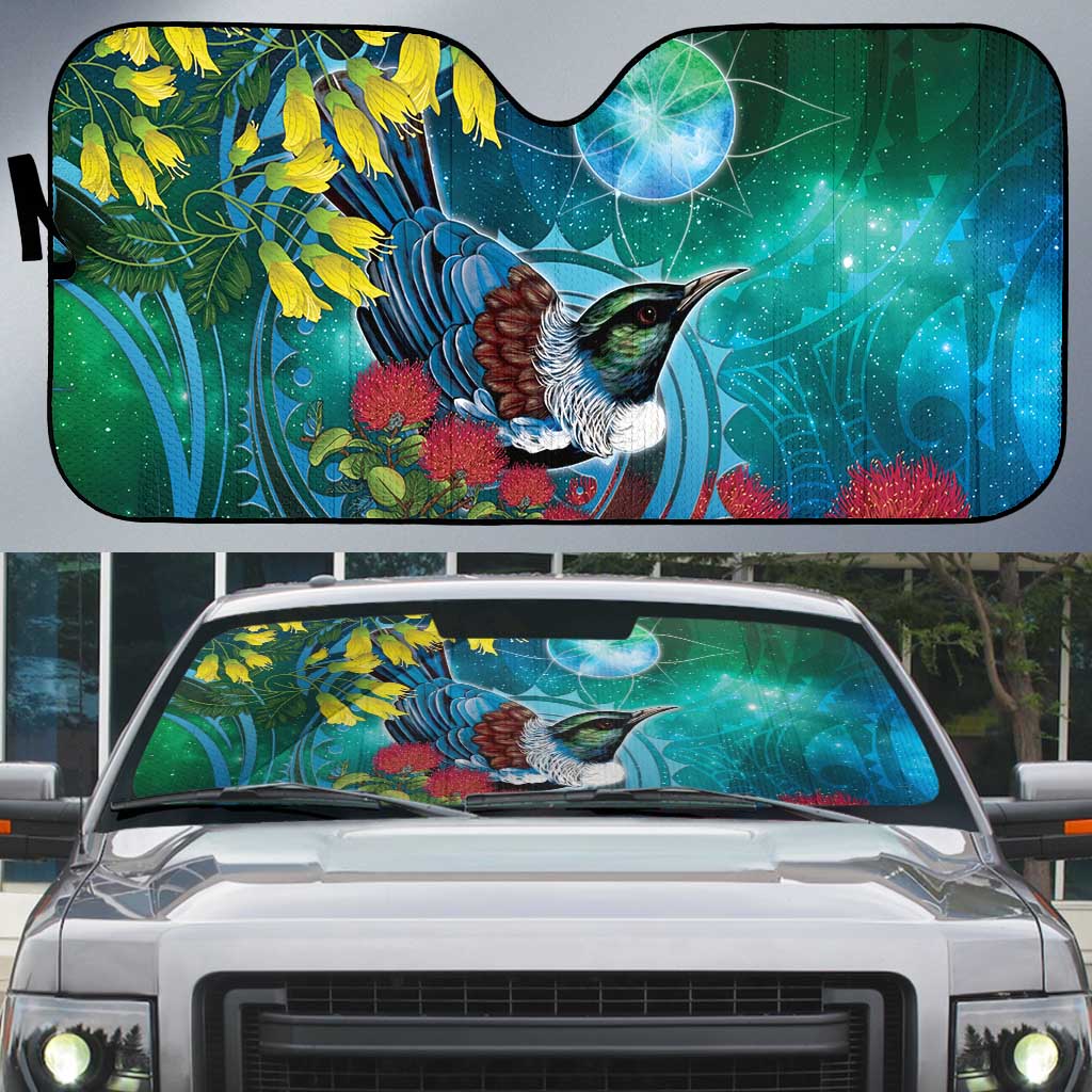 New Zealand Tui Bird Auto Sun Shade Maori Koru With Pohutukawa Galaxy Style - Polynesian Pride