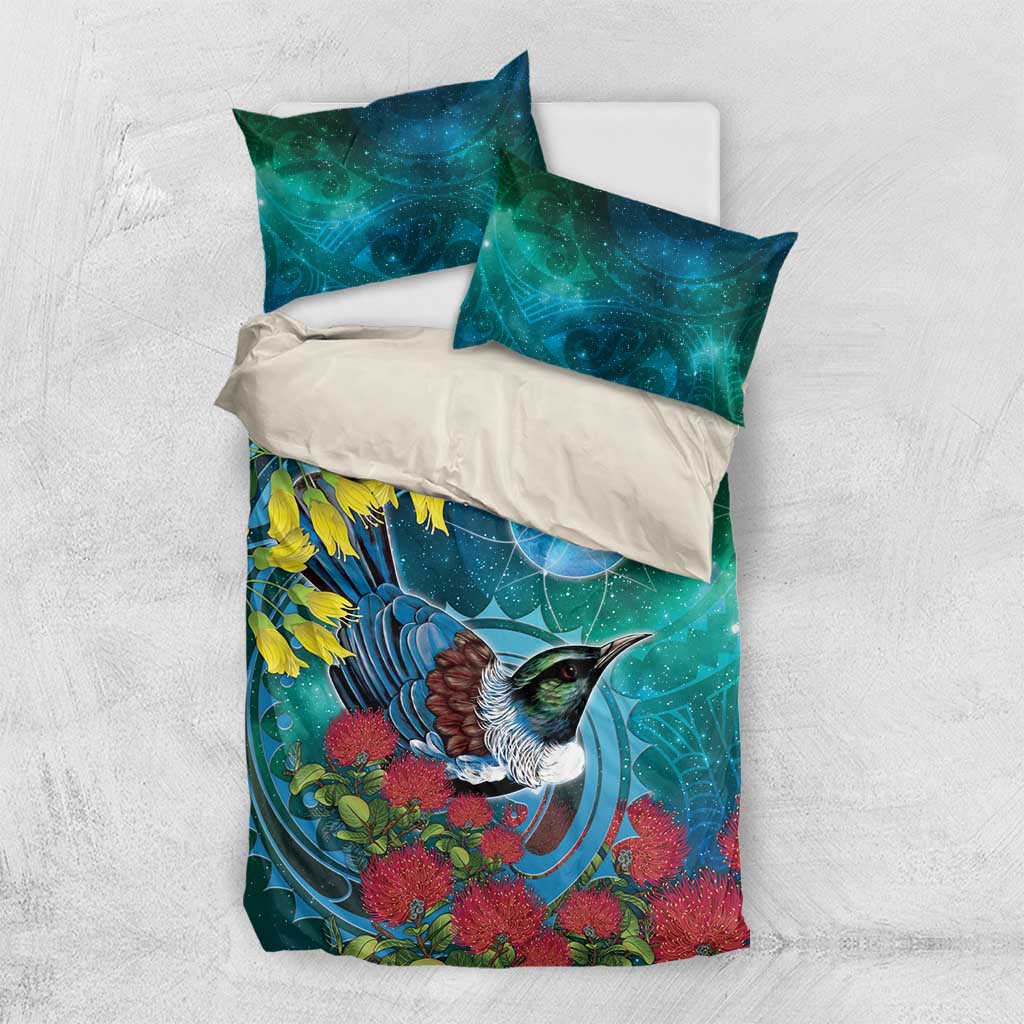 New Zealand Tui Bird Bedding Set Maori Koru With Pohutukawa Galaxy Style - Polynesian Pride