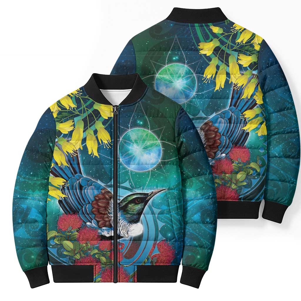 New Zealand Tui Bird Bomber Puffer Jacket Maori Koru With Pohutukawa Galaxy Style - Polynesian Pride