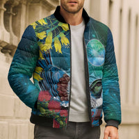 New Zealand Tui Bird Bomber Puffer Jacket Maori Koru With Pohutukawa Galaxy Style - Polynesian Pride