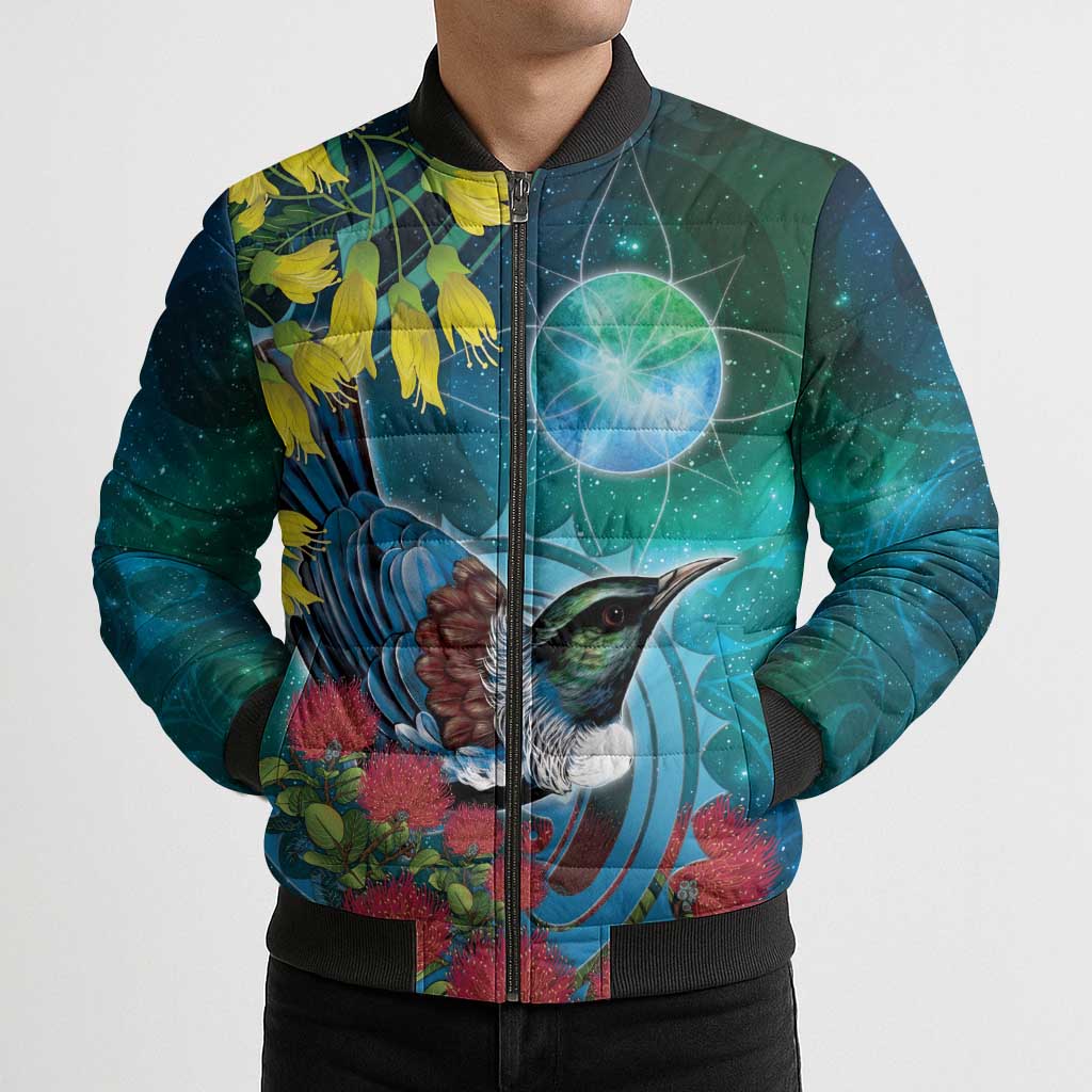 New Zealand Tui Bird Bomber Puffer Jacket Maori Koru With Pohutukawa Galaxy Style - Polynesian Pride