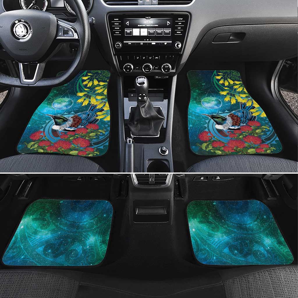 New Zealand Tui Bird Car Mats Maori Koru With Pohutukawa Galaxy Style - Polynesian Pride