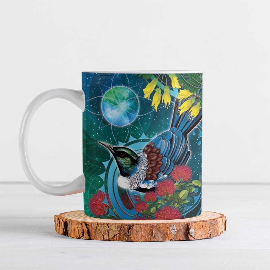 New Zealand Tui Bird Ceramic Mug Maori Koru With Pohutukawa Galaxy Style - Polynesian Pride