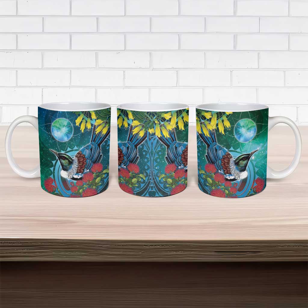New Zealand Tui Bird Ceramic Mug Maori Koru With Pohutukawa Galaxy Style - Polynesian Pride