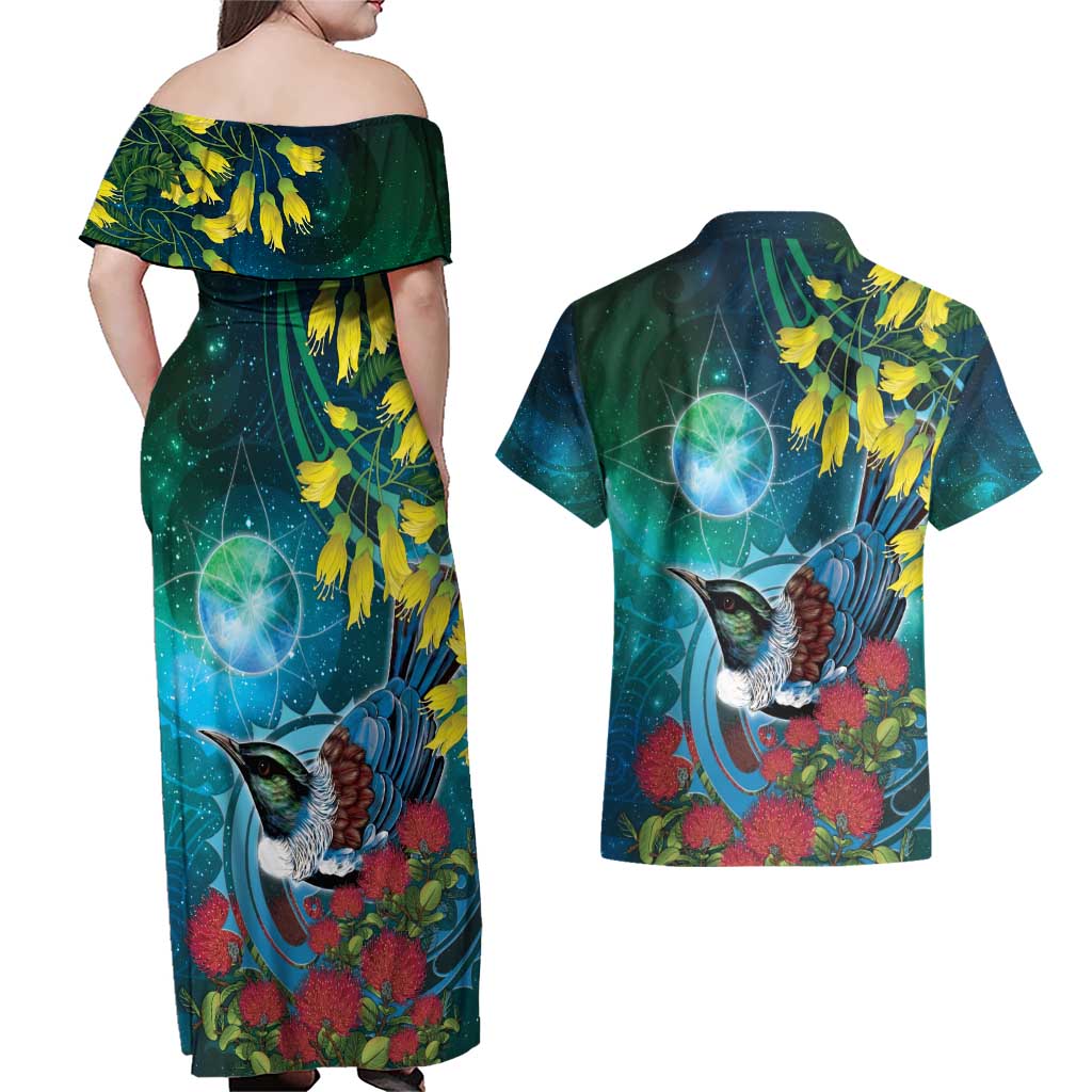 New Zealand Tui Bird Couples Matching Off Shoulder Maxi Dress and Hawaiian Shirt Maori Koru With Pohutukawa Galaxy Style - Polynesian Pride