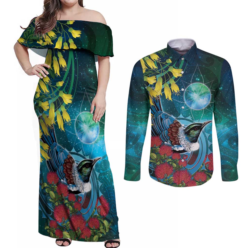 New Zealand Tui Bird Couples Matching Off Shoulder Maxi Dress and Long Sleeve Button Shirt Maori Koru With Pohutukawa Galaxy Style - Polynesian Pride