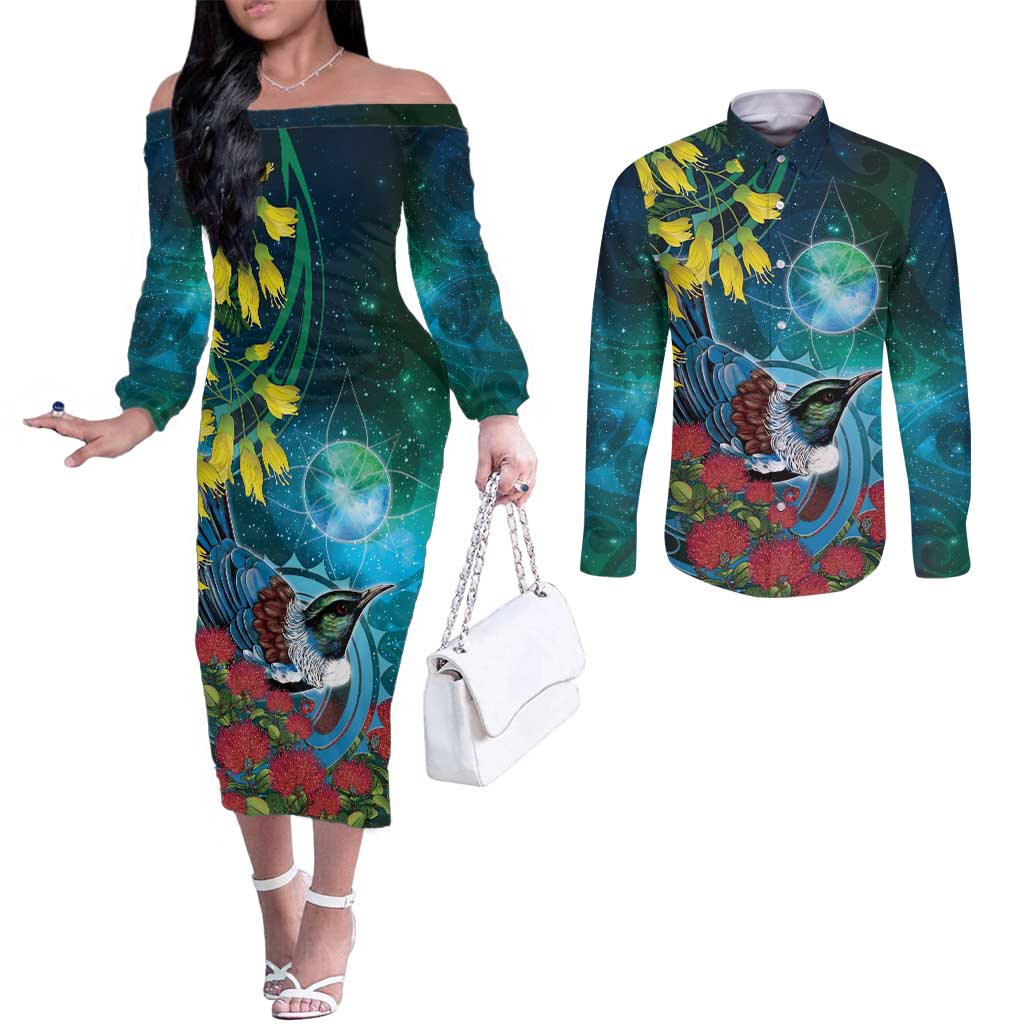 New Zealand Tui Bird Couples Matching Off The Shoulder Long Sleeve Dress and Long Sleeve Button Shirt Maori Koru With Pohutukawa Galaxy Style - Polynesian Pride