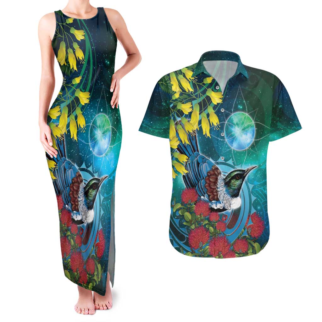 New Zealand Tui Bird Couples Matching Tank Maxi Dress and Hawaiian Shirt Maori Koru With Pohutukawa Galaxy Style - Polynesian Pride