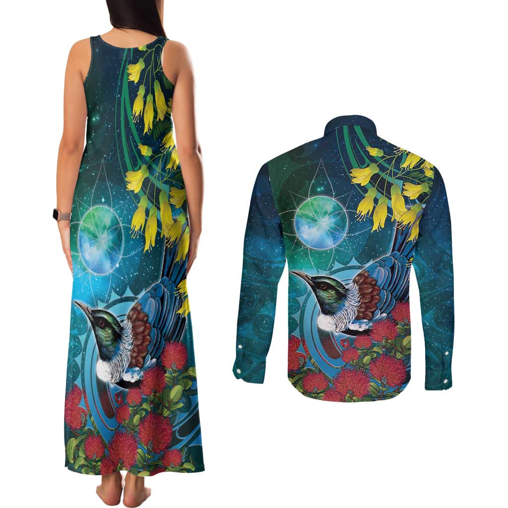 New Zealand Tui Bird Couples Matching Tank Maxi Dress and Long Sleeve Button Shirt Maori Koru With Pohutukawa Galaxy Style - Polynesian Pride