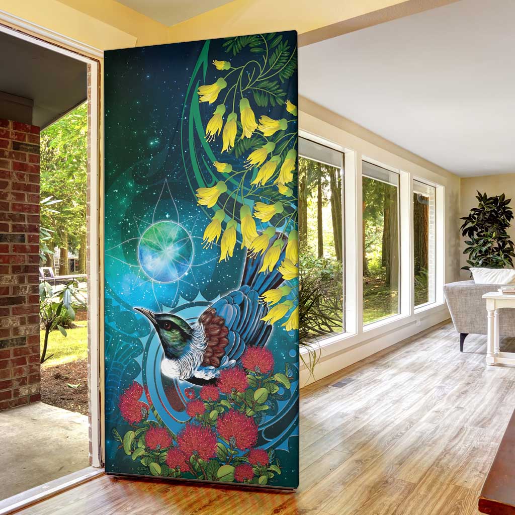 New Zealand Tui Bird Door Cover Maori Koru With Pohutukawa Galaxy Style - Polynesian Pride