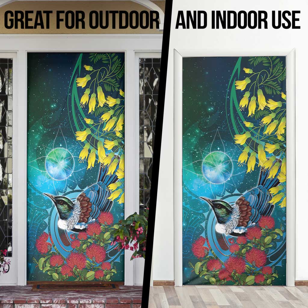 New Zealand Tui Bird Door Cover Maori Koru With Pohutukawa Galaxy Style - Polynesian Pride