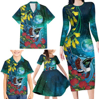 New Zealand Tui Bird Family Matching Long Sleeve Bodycon Dress and Hawaiian Shirt Maori Koru With Pohutukawa Galaxy Style - Polynesian Pride