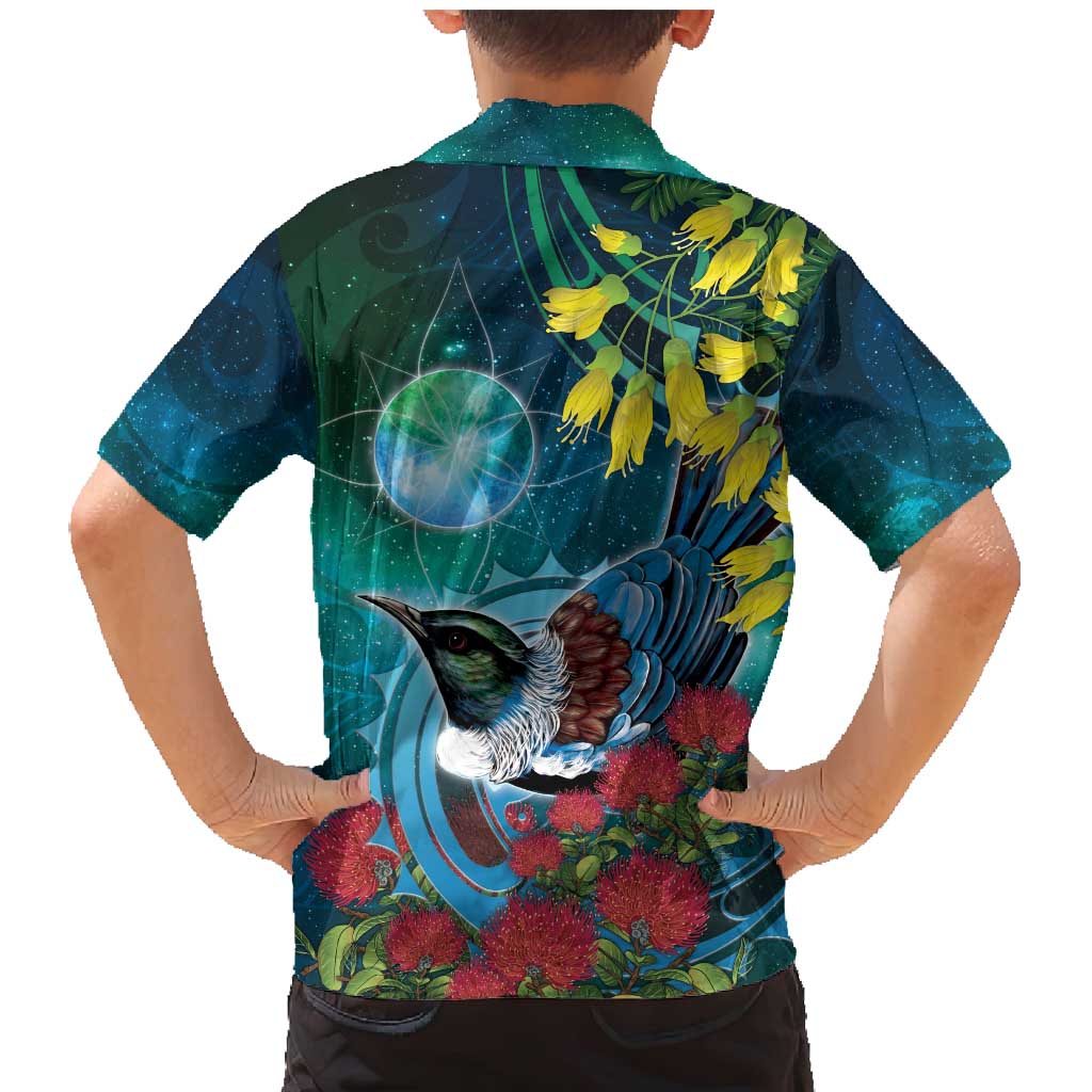 New Zealand Tui Bird Family Matching Mermaid Dress and Hawaiian Shirt Maori Koru With Pohutukawa Galaxy Style - Polynesian Pride