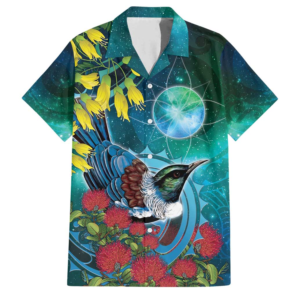 New Zealand Tui Bird Family Matching Puletasi and Hawaiian Shirt Maori Koru With Pohutukawa Galaxy Style - Polynesian Pride