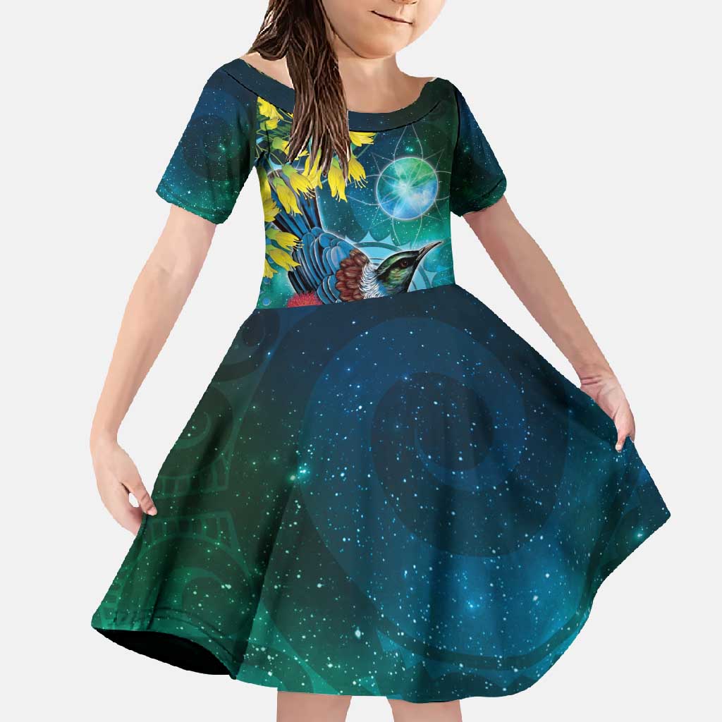 New Zealand Tui Bird Family Matching Short Sleeve Bodycon Dress and Hawaiian Shirt Maori Koru With Pohutukawa Galaxy Style - Polynesian Pride
