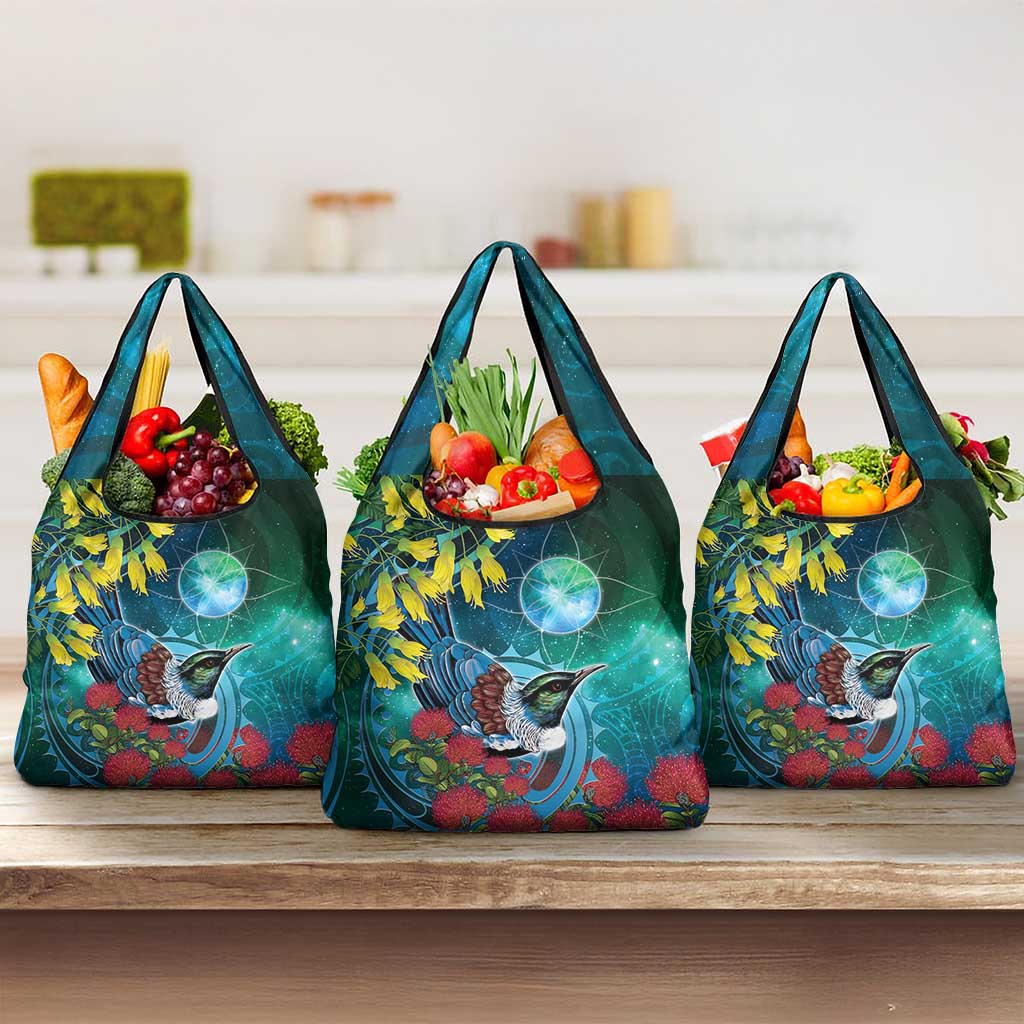 New Zealand Tui Bird Grocery Bag Maori Koru With Pohutukawa Galaxy Style - Polynesian Pride