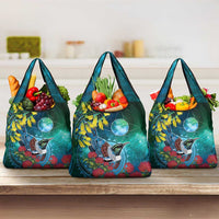 New Zealand Tui Bird Grocery Bag Maori Koru With Pohutukawa Galaxy Style - Polynesian Pride