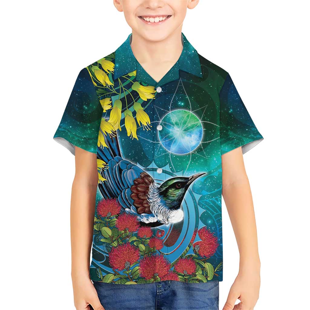 New Zealand Tui Bird Hawaiian Shirt Maori Koru With Pohutukawa Galaxy Style - Polynesian Pride