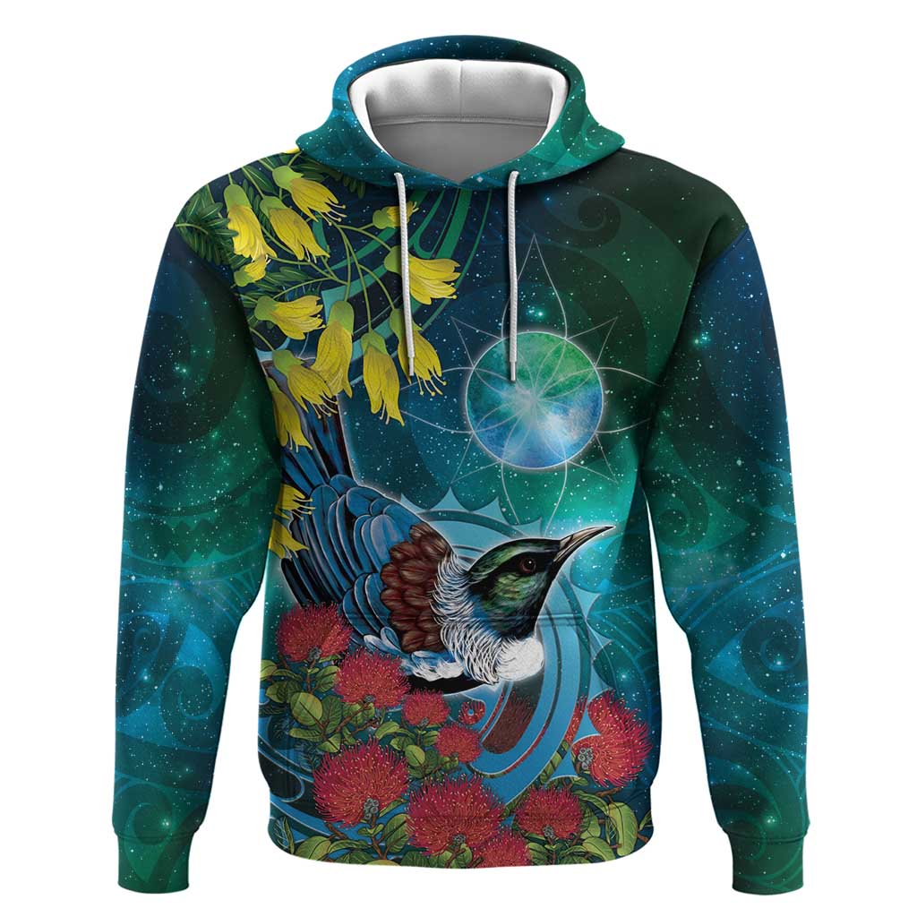 New Zealand Tui Bird Hoodie Maori Koru With Pohutukawa Galaxy Style - Polynesian Pride
