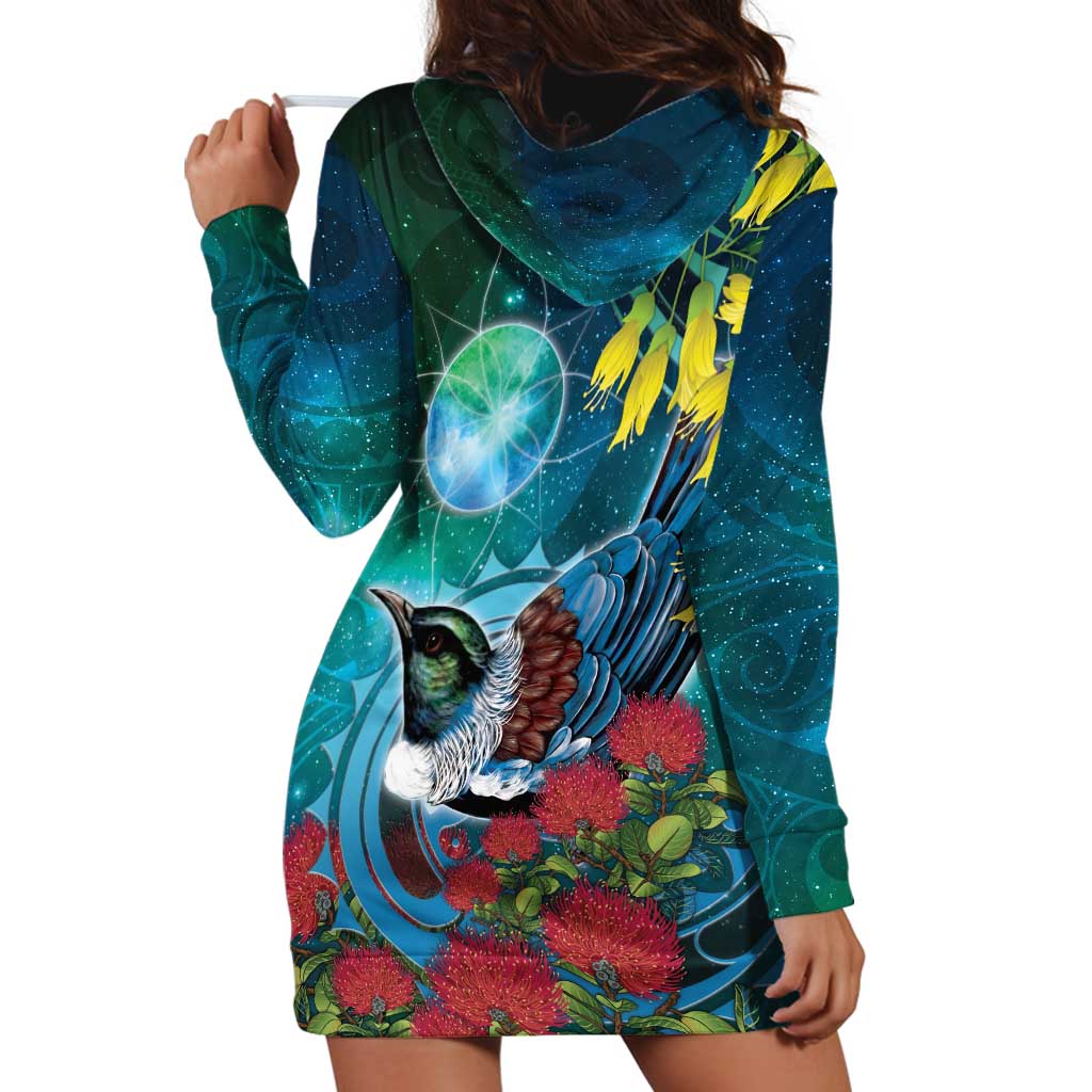New Zealand Tui Bird Hoodie Dress Maori Koru With Pohutukawa Galaxy Style - Polynesian Pride
