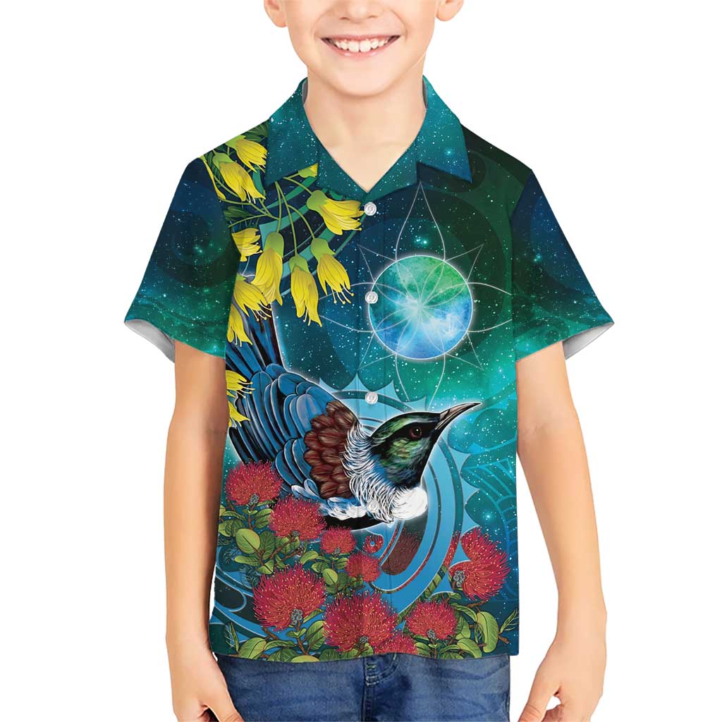 New Zealand Tui Bird Kid Hawaiian Shirt Maori Koru With Pohutukawa Galaxy Style - Polynesian Pride