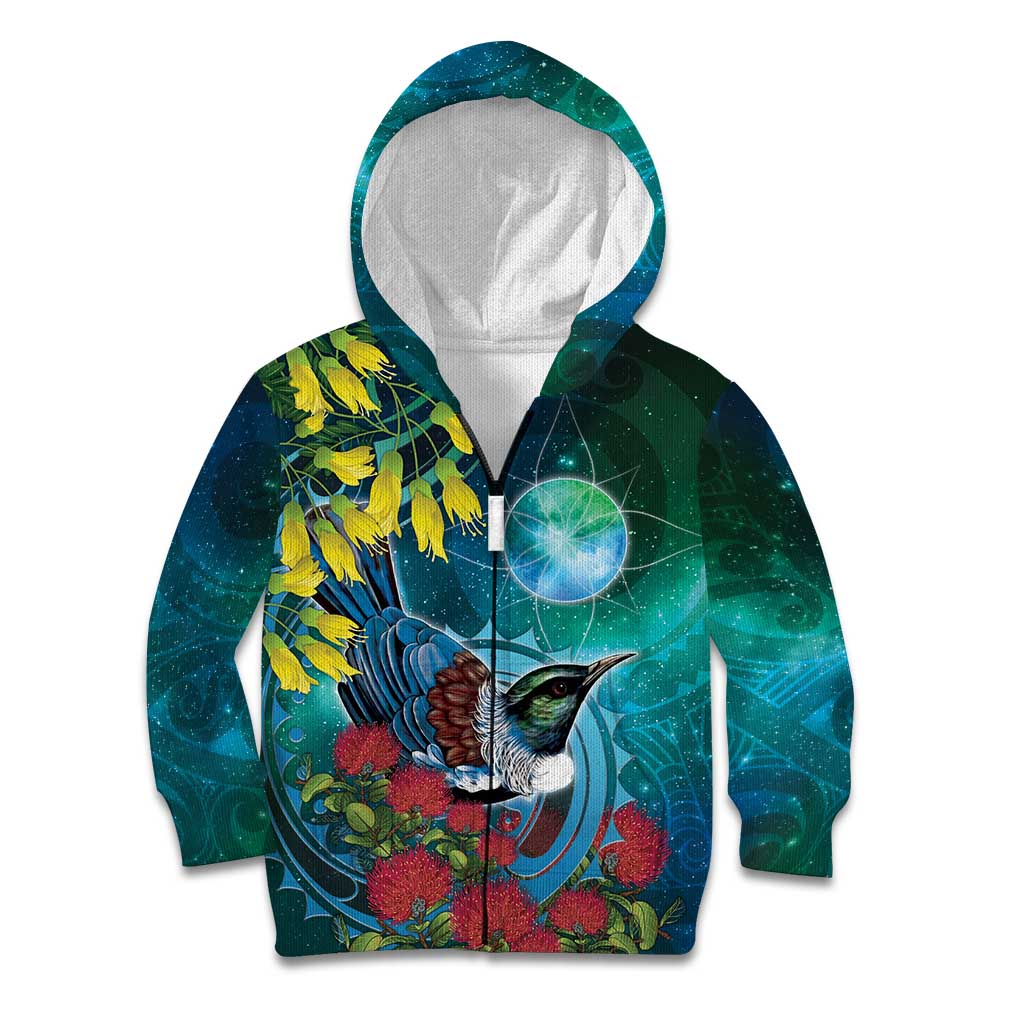 New Zealand Tui Bird Kid Hoodie Maori Koru With Pohutukawa Galaxy Style - Polynesian Pride