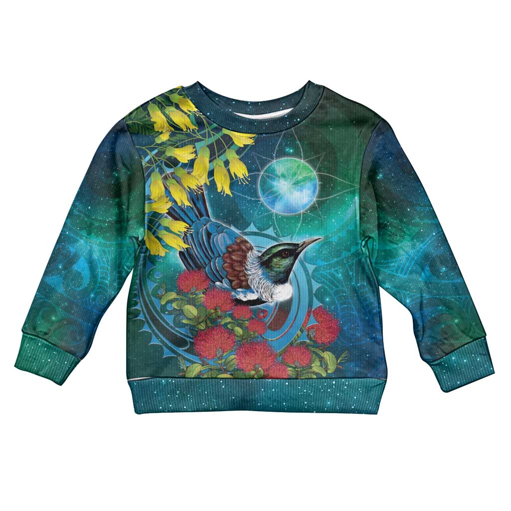 New Zealand Tui Bird Kid Ugly Christmas Sweater Maori Koru With Pohutukawa Galaxy Style - Polynesian Pride