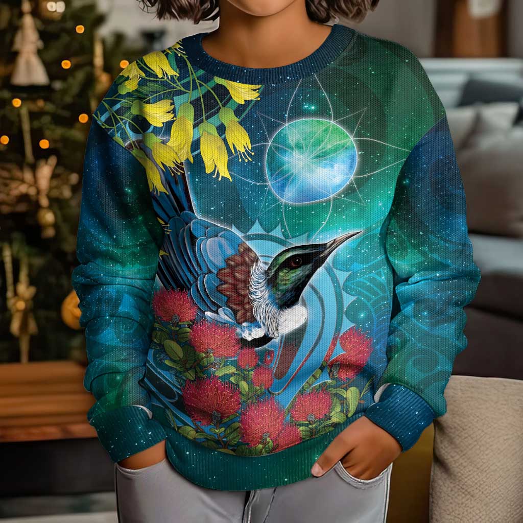 New Zealand Tui Bird Kid Ugly Christmas Sweater Maori Koru With Pohutukawa Galaxy Style - Polynesian Pride