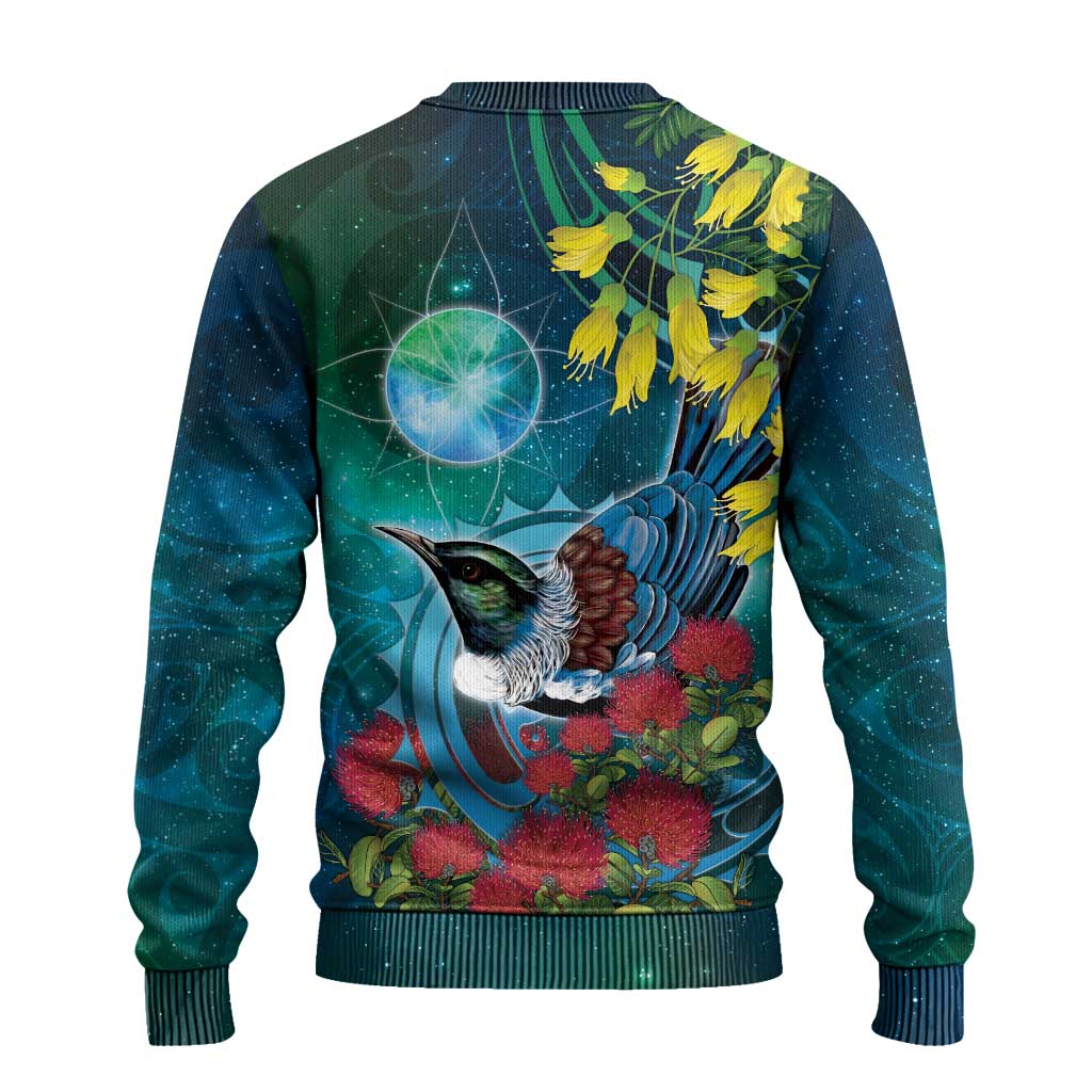New Zealand Tui Bird Ugly Christmas Sweater Maori Koru With Pohutukawa Galaxy Style - Polynesian Pride