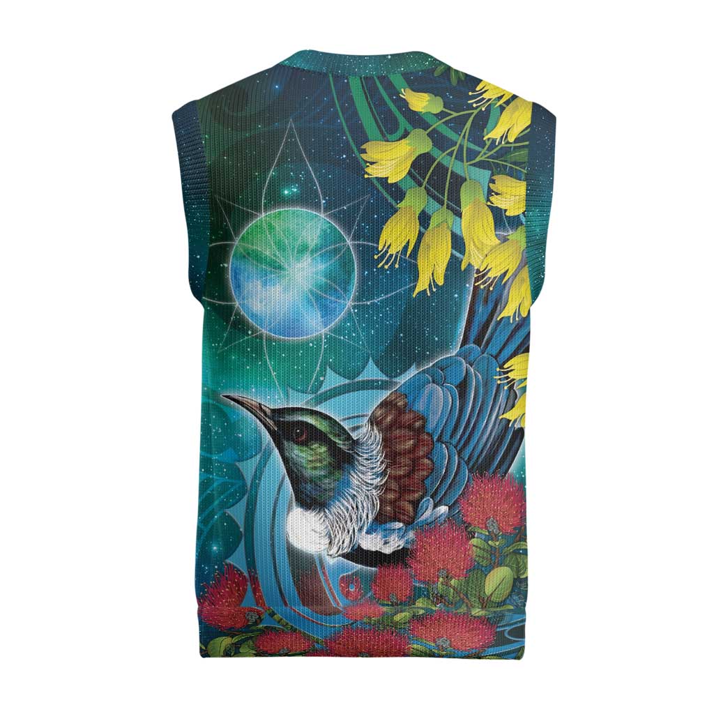New Zealand Tui Bird Christmas Knitted V-Neck Vest Maori Koru With Pohutukawa Galaxy Style - Polynesian Pride