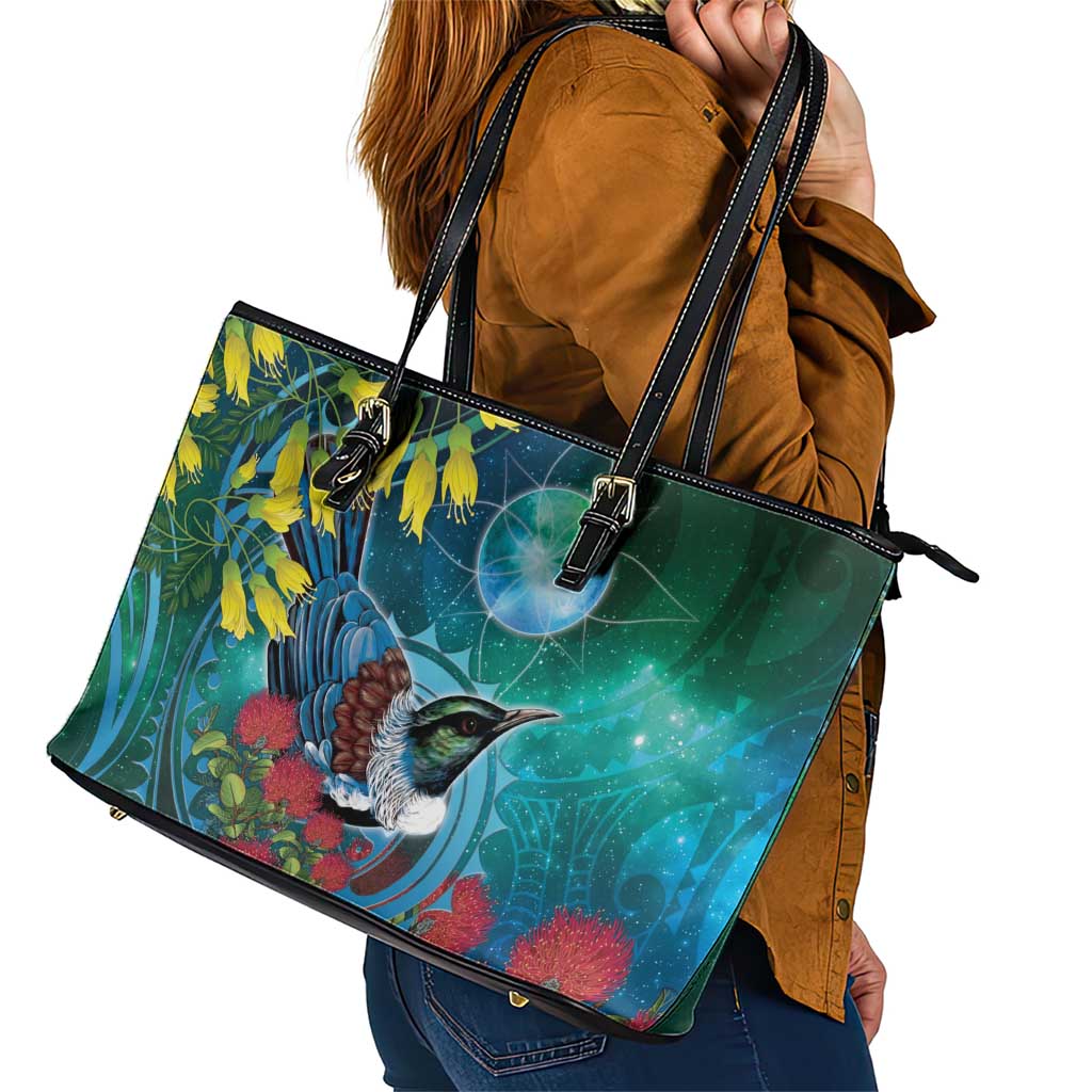 New Zealand Tui Bird Leather Tote Bag Maori Koru With Pohutukawa Galaxy Style - Polynesian Pride