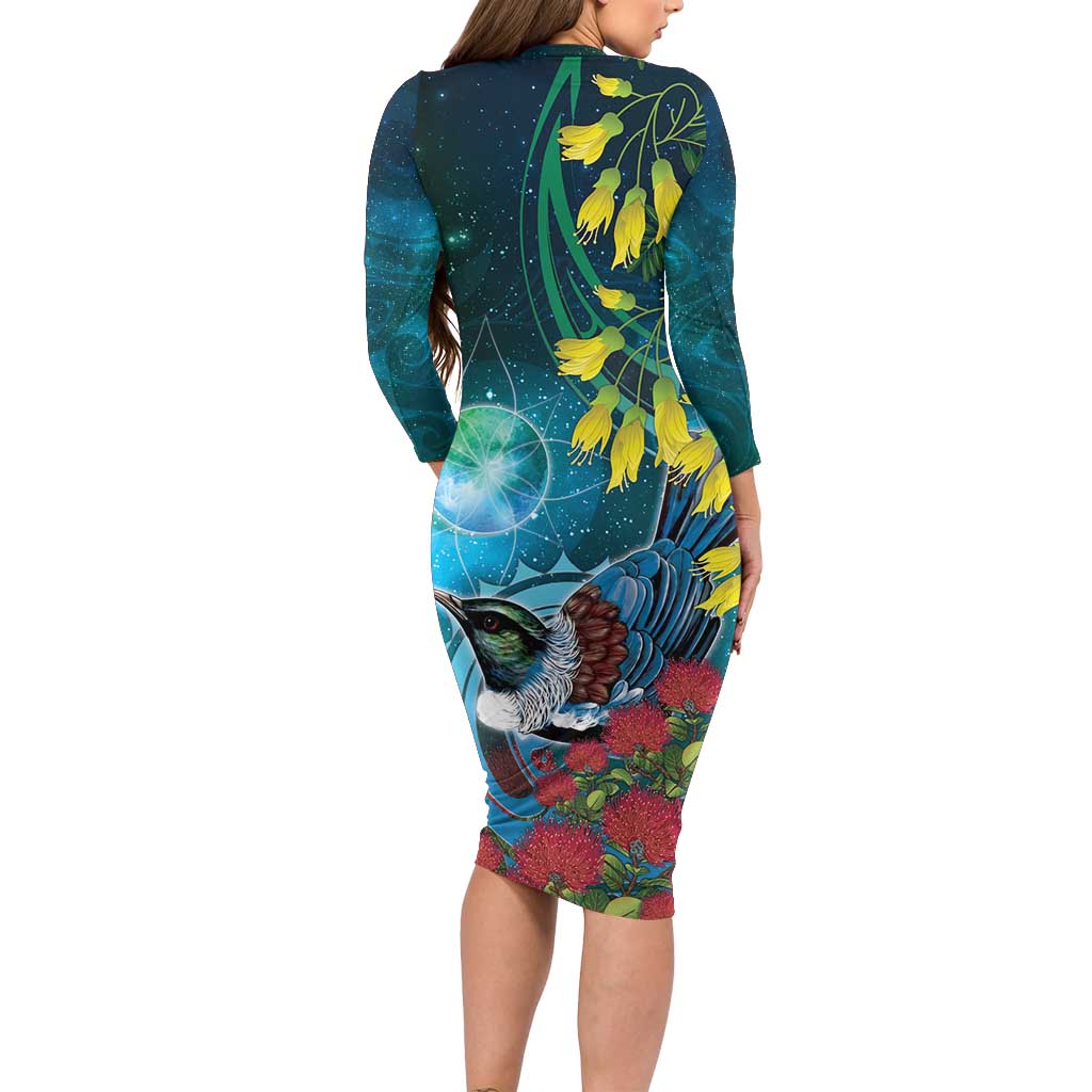 New Zealand Tui Bird Long Sleeve Bodycon Dress Maori Koru With Pohutukawa Galaxy Style - Polynesian Pride