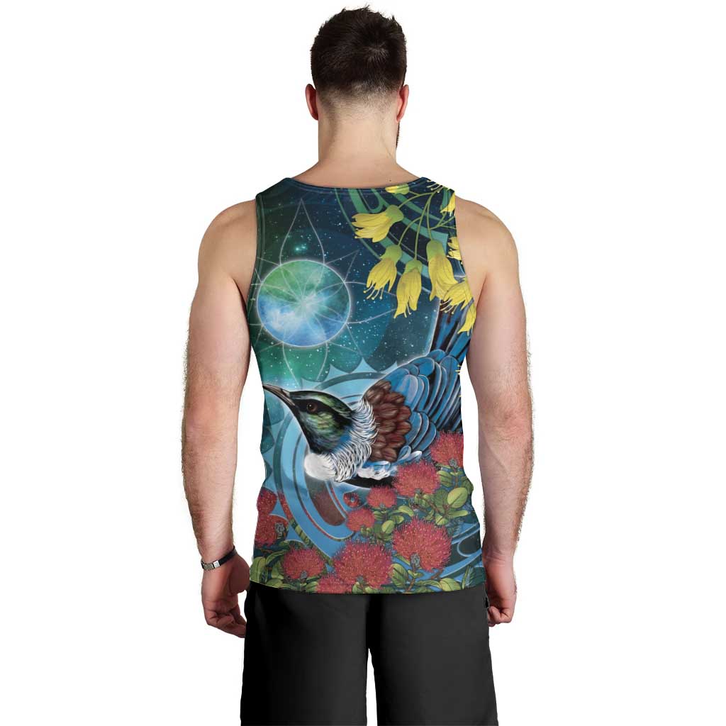 New Zealand Tui Bird Men Tank Top Maori Koru With Pohutukawa Galaxy Style - Polynesian Pride