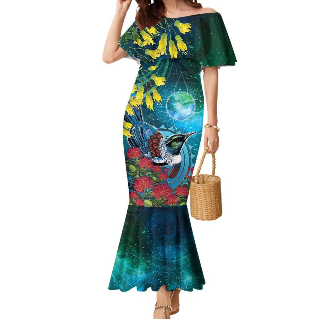 New Zealand Tui Bird Mermaid Dress Maori Koru With Pohutukawa Galaxy Style - Polynesian Pride